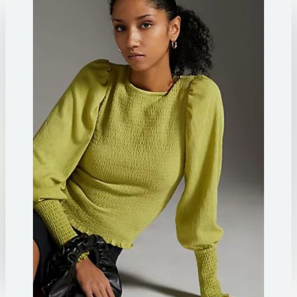 Anthropologie Size M Smocked Green Long Sleeve Top